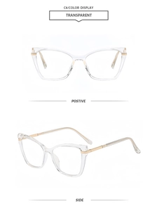 Detail of transparent cat-eye glasses frame with elegant golden metal temples on white background