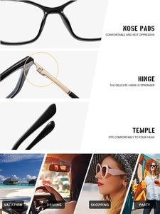 Detail of ergonomic nose pads, durable hinges and stylish lifestyle shots of eyewear