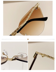 Detail of rimless sunglasses featuring golden bamboo-textured temples and gradient lenses