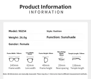 Size guide for rimless cat eye sunglasses showing detailed frame dimensions and lens specs
