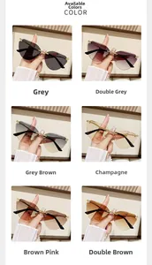 Detail view of cat eye rimless sunglasses showing six color variants and gradient lenses
