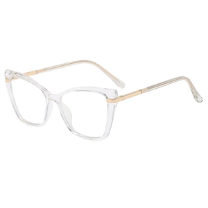 Retro cat-eye blue light blocking glasses with clear resin frames and gold metal temples