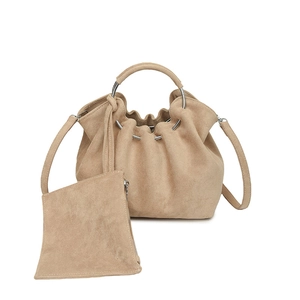 Pleated cloud bucket bag in beige suede with metal ring handle and matching pouch