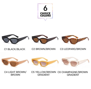 Close-up of modern cat-eye sunglasses with metal rivets in six various color options
