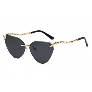 Fashion rimless cat eye sunglasses with gold snake bone metal temples and dark lenses