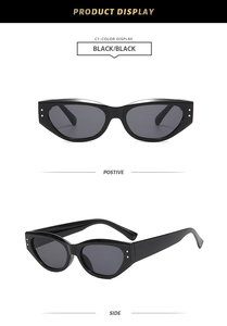 Detailed front and side views of vintage cat-eye sunglasses with metal stud accents