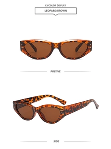 Detailed views of leopard print cat eye sunglasses with brown lenses and metal dot accents