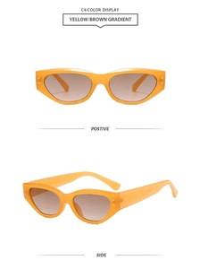Front and side views of orange cat eye sunglasses with brown gradient lenses and rivets
