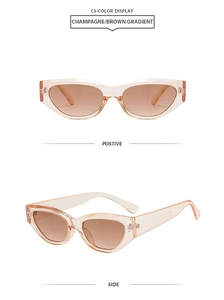 Detail of champagne cat-eye sunglasses with brown gradient lenses and metallic hinges