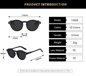 Detailed size guide and specifications for vintage round frame unisex sunglasses