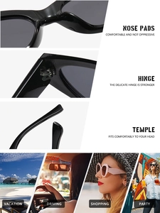 Detailed view of black cat eye sunglasses featuring fixed nose pads and sturdy metal hinges