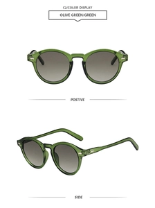 Detailed view of olive green round sunglasses with vintage studs and gray gradient lenses