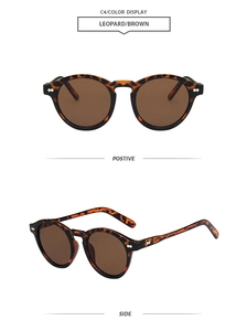 Detailed front and side views of leopard print round sunglasses with brown lenses
