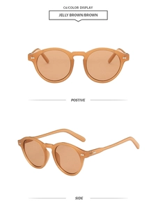 Detail view showing front and side of retro round jelly brown sunglasses with rivets