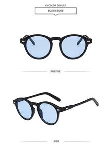 Detailed front and side views of black round sunglasses with blue lenses and metal studs