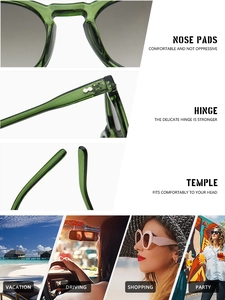 Detail view of durable hinges, comfortable nose pads, and versatile lifestyle usage scenes
