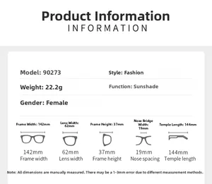 Detailed sizing chart and specifications for lightweight oval rimless sunglasses