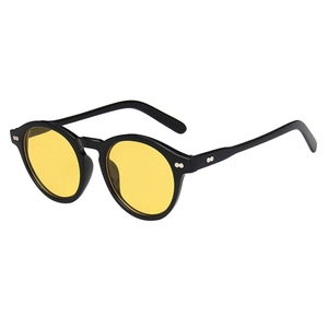 Retro round black sunglasses with yellow lenses and silver rivets in 45-degree view
