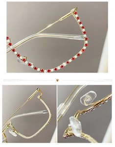 Detailed macro view of rhinestone-encrusted half-frame glasses with gold metal finish