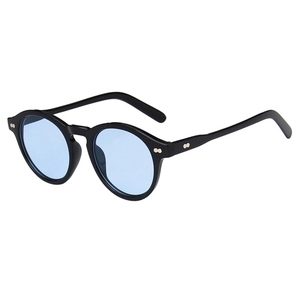 Retro round black sunglasses with light blue lenses and silver rivets at 45 degree angle