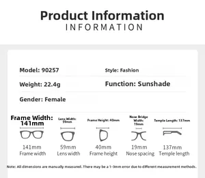 Detailed size chart for retro rimless oval sunglasses with full frame measurements