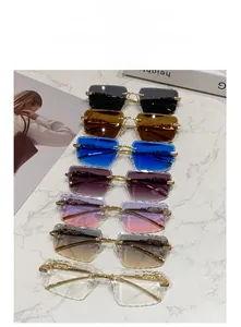 Detail view of rimless sunglasses collection with leopard head metal accent on marble