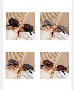 Macro view of four different color options for rimless oval vintage sunglasses