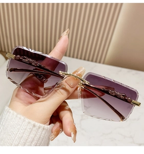 Close-up of rimless gradient lenses with diamond-cut edges and gold leopard detail