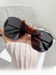 Detail of oversized rimless gradient sunglasses with geometric cut edges and metal temples