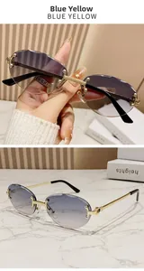 Detail of rimless oval sunglasses featuring blue-yellow gradient lenses and gold metal frame