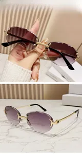 Close-up of rimless gradient double grey lenses with gold metal temples and bridge detail