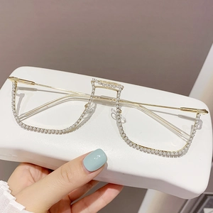 Fashionable half-rim decorative glasses with rhinestones and gold metal frame