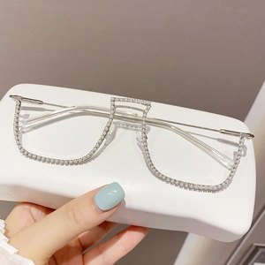 Chic silver half-frame decorative glasses with pearl embellishments in square style