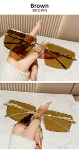 Detail of rimless brown sunglasses with gold leopard head metal temple and cut-edge lens