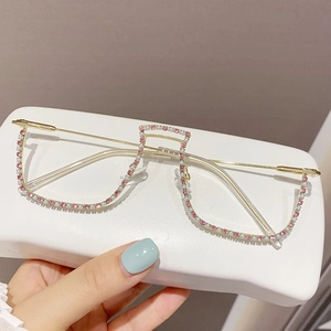 Fashionable gold metal half-frame glasses with pink rhinestones and white pearls