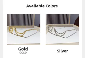 Detailed view of half-frame rhinestone glasses with crystal tassels in gold and silver