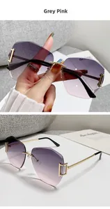 Detail showing rimless grey pink gradient lenses and elegant golden metal hinges