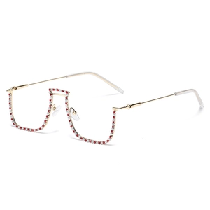 Fashionable half-frame rhinestone glasses with gold metal trim and clear lenses for women