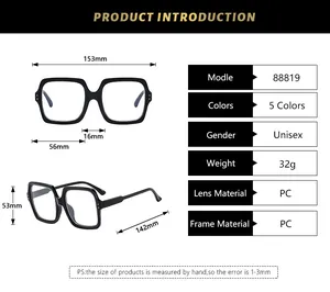 Detailed sizing chart and specifications for oversized square blue light glasses