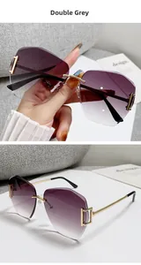 Macro detail of rimless polygon lenses with purple-to-grey gradient and gold hardware