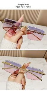 Detail of rimless sunglasses with leopard head accent and gradient purple lenses