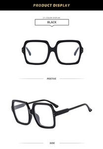 Detailed front and side views of vintage black square frame anti-blue light glasses