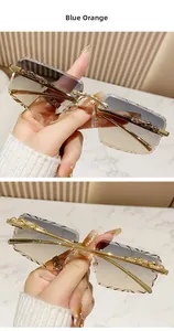 Detail of rimless sunglasses with blue-orange gradient lenses and gold crocodile temple