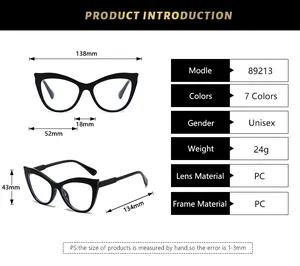 Detailed size specifications for classic unisex anti-blue light glasses frame model 89213