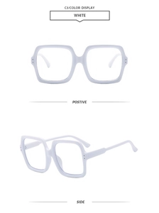 Front and side view of trendy white square frame glasses with anti-blue light lenses