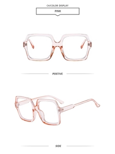 Detailed view of pink oversized square glasses frames showing front and side profile angles
