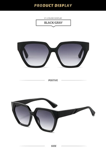 Detailed front and side views of chunky black polygonal sunglasses with gray gradient lenses