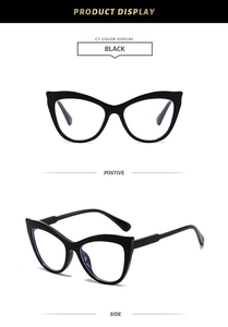 Front and side view of classic black cat-eye glasses frames with clear blue light lenses