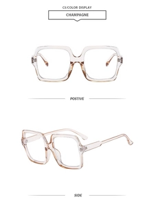 Detailed front and side views of champagne oversized square blue light blocking frames