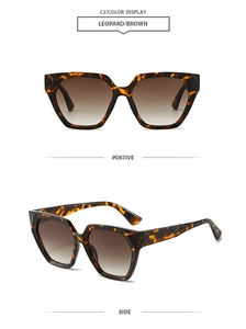 Detail of leopard print polygon sunglasses with brown gradient lenses in dual views